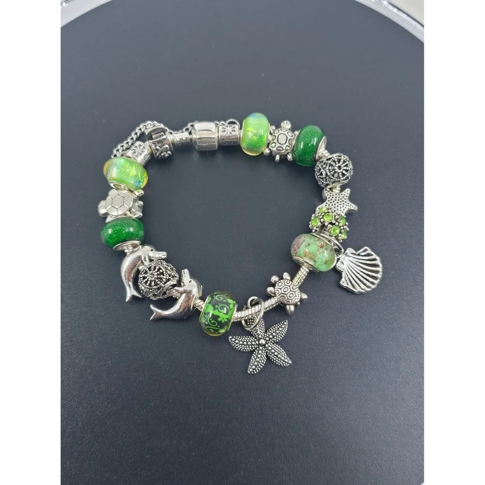 Green Ocean Charm Bracelet Sea Turtle Dolphin Starfish Glass Beads Silver Tone